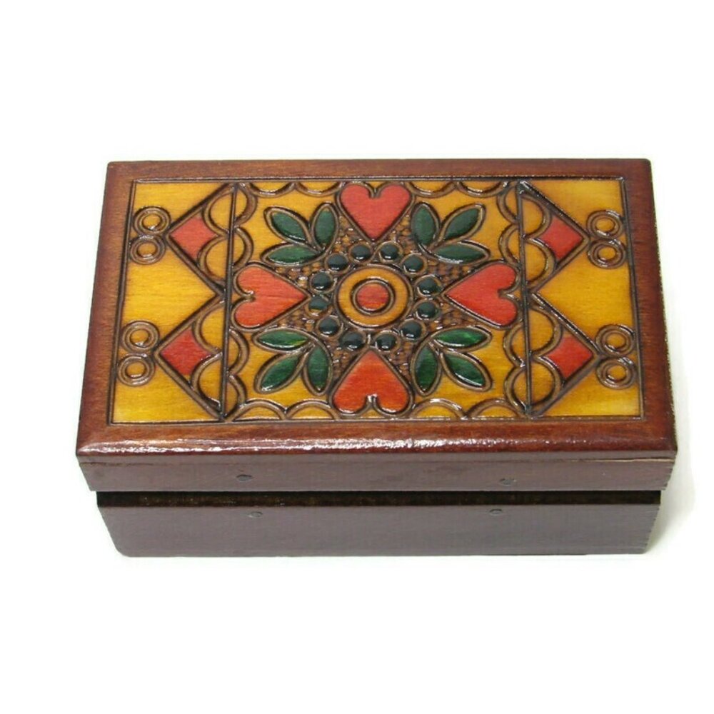 Redwood Trinket Gift Box Wood Burned Hearts Leaves Painted 3.75" x 2.4"
